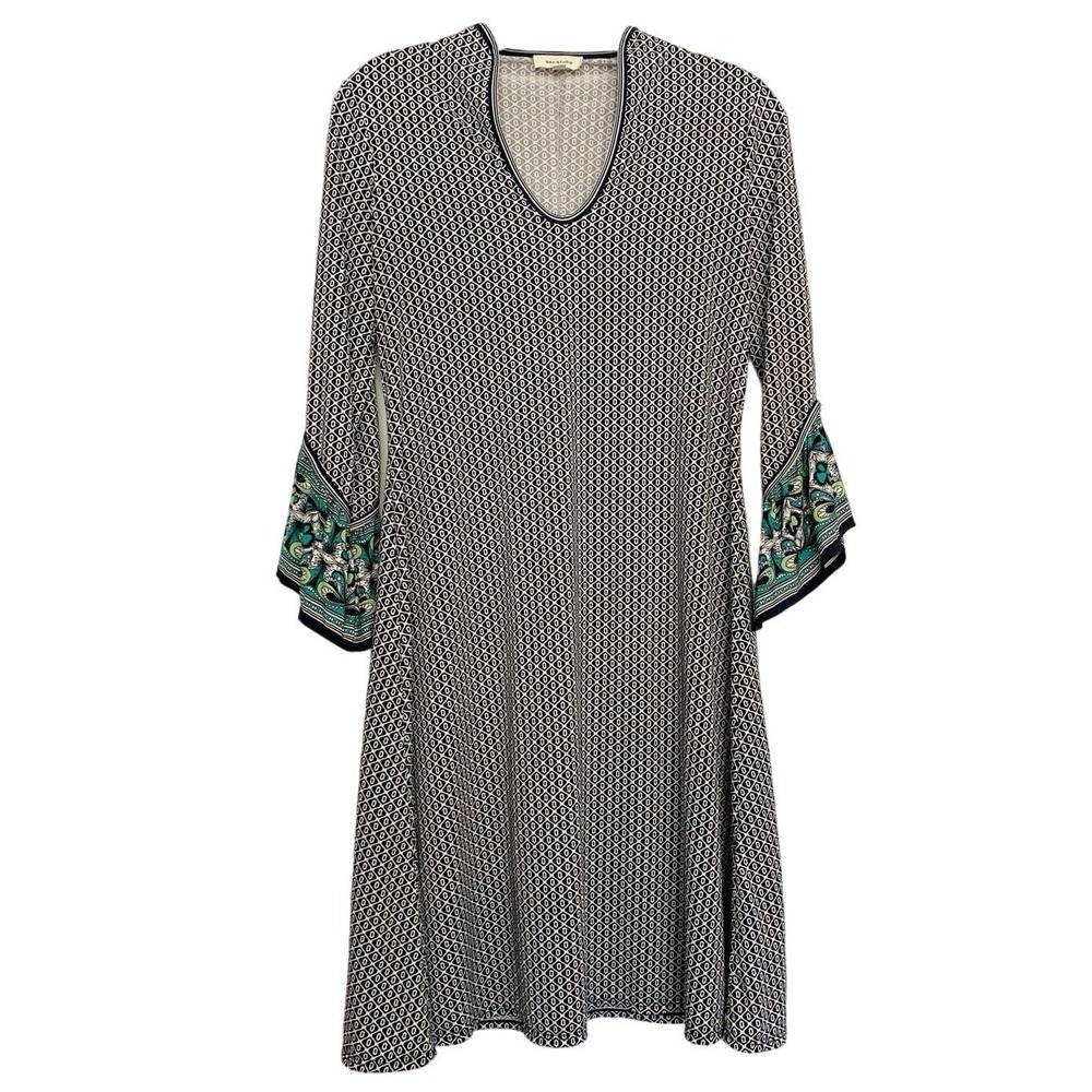Max Studio Womens XS Navy Geometric V-Neck Bell Sleeve Paisley Knit Dress